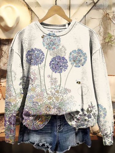 Dandelion Print Long Sleeve Crew Neck Sweatshirt - Just Fashion Now - Modalova