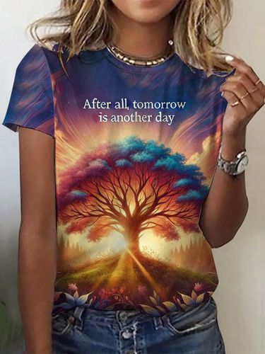 Plant Pattern Print Short Sleeve Crew Neck T-shirt - Just Fashion Now - Modalova