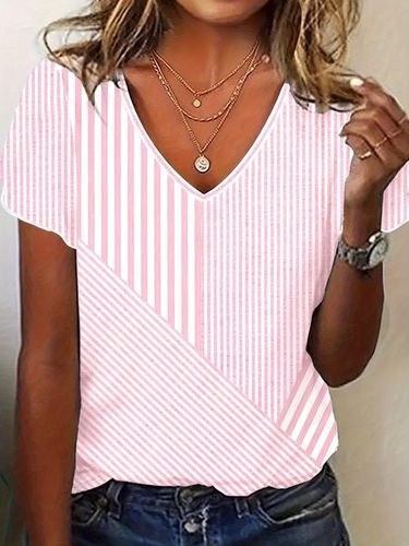 Casual striped patchwork printed V-neck T-shirt - Just Fashion Now - Modalova