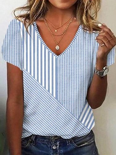 Casual striped patchwork printed V-neck T-shirt - Just Fashion Now - Modalova