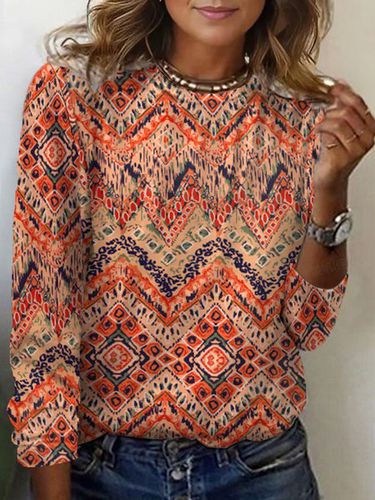 Ethnic Print Long Sleeve Crew Neck T-shirt - Just Fashion Now - Modalova