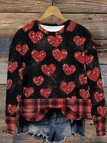 Heart Print Long Sleeve Crew Neck Sweatshirt - Just Fashion Now - Modalova