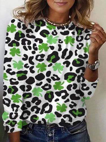 Four-leaf clover print long-sleeved crew neck T-shirt - Just Fashion Now - Modalova