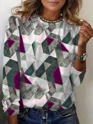 Geometric Print Long Sleeve Crew Neck T-shirt - Just Fashion Now - Modalova