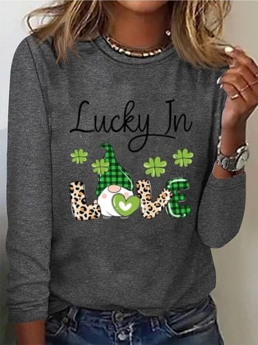 Four Leaf Clover Print Long Sleeve Crew Neck T-shirt - Just Fashion Now - Modalova