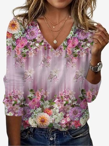 Floral Print Long Sleeve V-Neck T-shirt - Just Fashion Now - Modalova