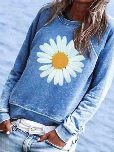 Blue Cotton-Blend Crew Neck Floral Casual T-shirt - Modetalente - Modalova