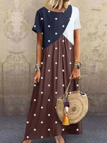 Coffee Round Neck Polka Dots Short Sleeve Knitting Dress - Modetalente - Modalova