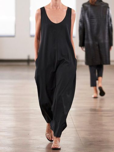 Black Casual Plain Round Neck Cotton-Blend Jumpsuits - Modetalente - Modalova