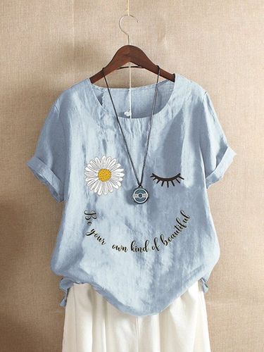 Sun Flower Alphabet Printed Cotton Blended Casual Short Sleeve Top - Modetalente - Modalova