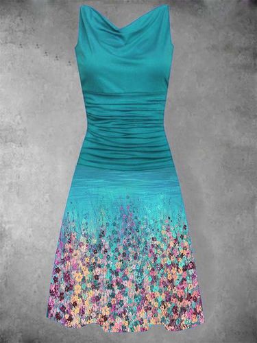 Blue Floral Printed Cowl Neck Daily Casual Sleeveless Weaving Dress - Modetalente - Modalova