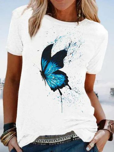 Butterfly Short Sleeve Printed Cotton-blend Crew Neck Casual Summer White Top - Modetalente - Modalova