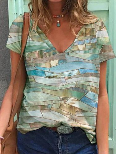 Geometric Short Sleeve Printed Cotton-blend V neck Holiday Summer Beige Top - Just Fashion Now - Modalova