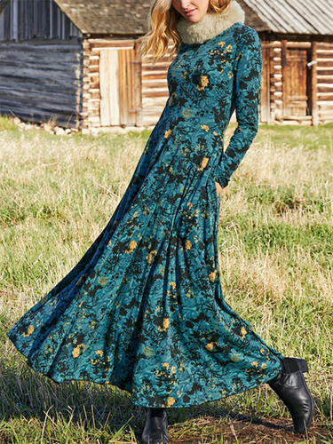 Long Sleeve Floral Crew Neck Knitting Dress - Modetalente - Modalova