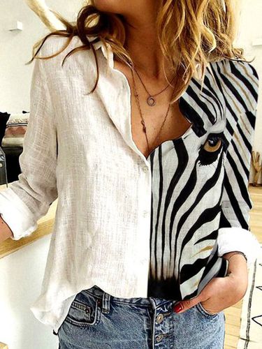 Cotton Linen Zebra Print Loose Long Sleeve Blouse - Just Fashion Now - Modalova