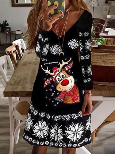 Vintage Christmas Snow Elk Long Sleeve V Neck Casual Knitting Dress - Modetalente - Modalova