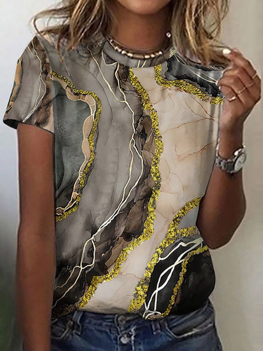 Casual Vintage Marble Tie Dye Print Short Sleeve Round Neck T-Shirt - Just Fashion Now - Modalova