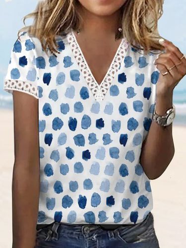 Geometric wave dot color block lace loose Pullover T-shirt - Just Fashion Now - Modalova