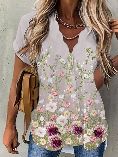 Casual Floral V Neck Short Sleeve Blouse - Just Fashion Now - Modalova