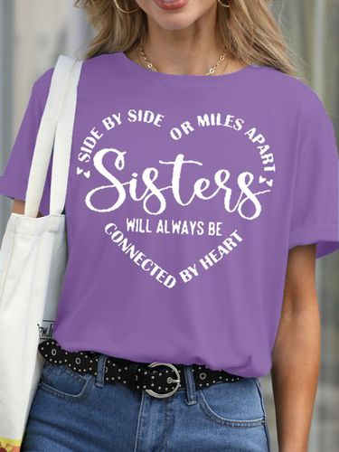 Womens Sisters Will Always Be Connected By Heart Letter Casual Short Sleeve T-Shirt - Modetalente - Modalova