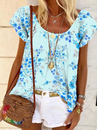 Casual Crew Neck Vacation Floral Short Sleeve Top - Just Fashion Now - Modalova