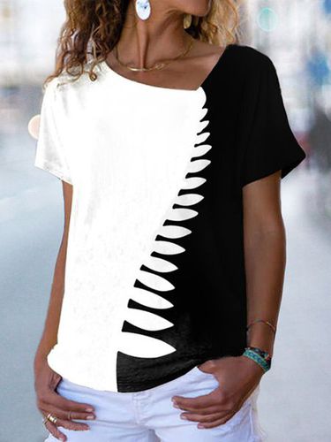 Color Block Asymmetrical Neck Vacation Short Sleeve Top - Just Fashion Now - Modalova