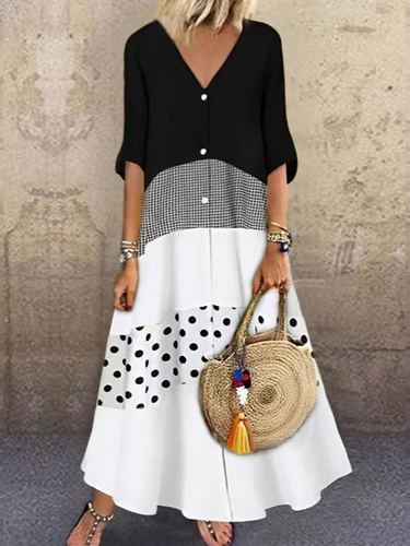 Color Block Loosen Casual Short Sleeve Woven Dress - Just Fashion Now - Modalova