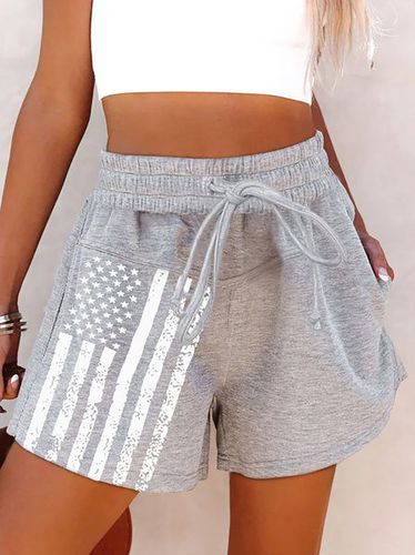 Gray Flag Print High Rise Elastic Drawstring Waistband Side Pockets Shorts - Just Fashion Now - Modalova