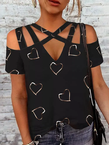 Heart Print Multi-Strap Cold Shoulder Top - Just Fashion Now - Modalova