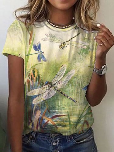 Summer Dragonfly Design Crew Neck Knit Short Sleeve T-Shirt - Just Fashion Now - Modalova