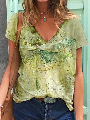 Casual Dragonfly Print Short Sleeve Loose Knit T-Shirt - Just Fashion Now - Modalova