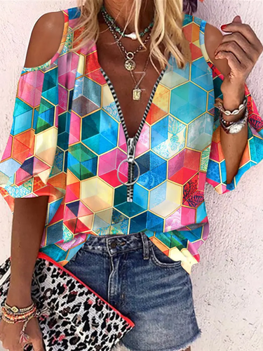 Casual Geometric Print Cold Shoulder Top - Just Fashion Now - Modalova