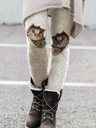 Cat Elastic Waist Printed Casual Pants Leggings - Just Fashion Now - Modalova