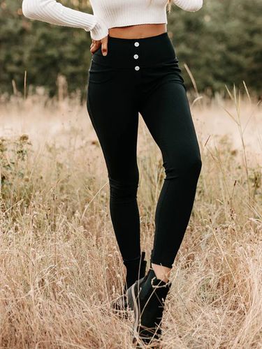 Plain button elastic waist Leggings - Just Fashion Now - Modalova
