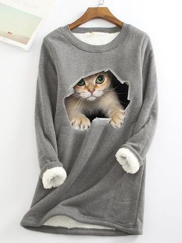 Crew Neck Cat Casual Warmth Sweatshirt - Just Fashion Now - Modalova
