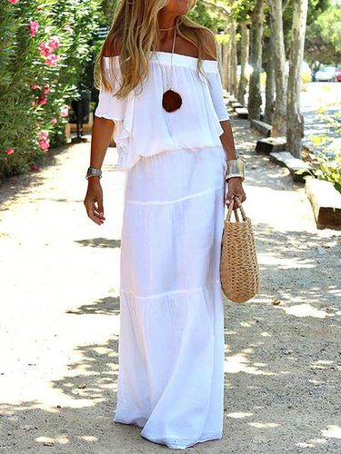 Boat Neck Loosen Casual Solid White Wedding Maxi Short sleeve Woven Dress - Modetalente - Modalova