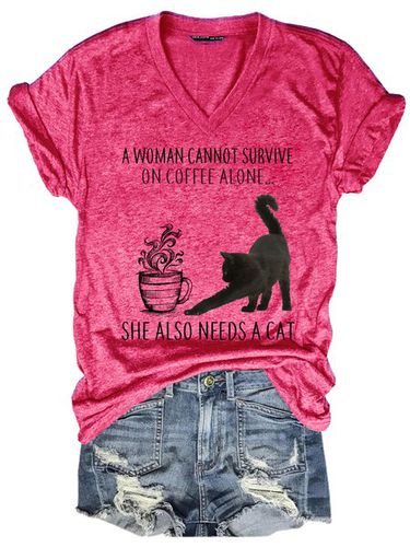 Funny Coffee And Cat Lover V Neck Casual Short Sleeve T-Shirt - Just Fashion Now - Modalova