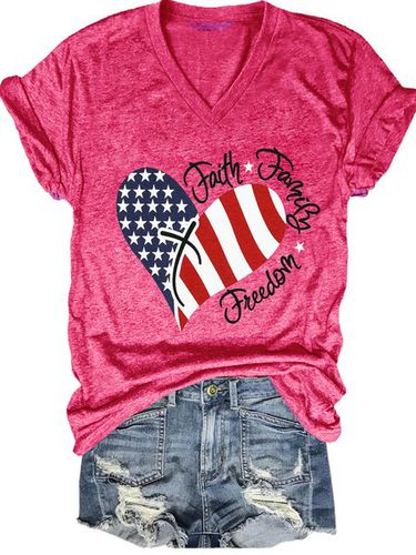 American Flag Print Faith Family Freedom Letter Casual Short Sleeve T-Shirt - Modetalente - Modalova