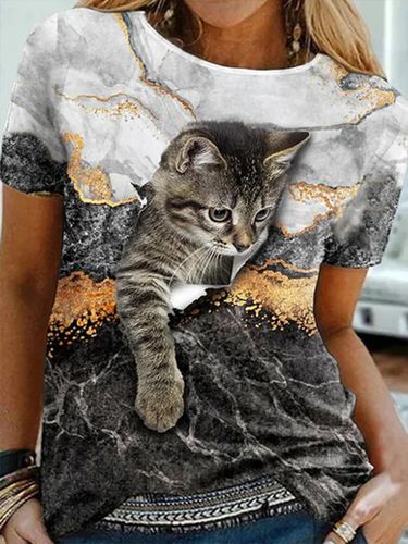 Casual Comfortable Cat Print Short Sleeve T-Shirt - Modetalente - Modalova