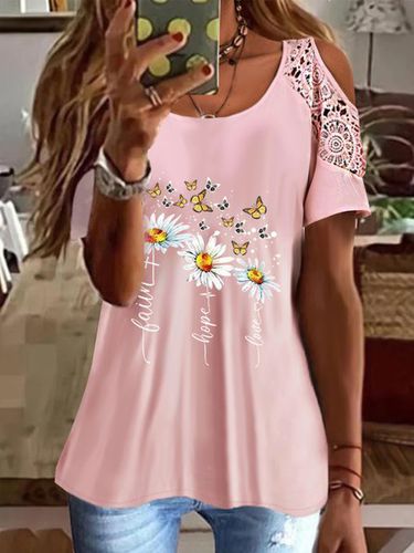 Floral Butterfly Printed Vacation Loosen Scoop Neckline Short Sleeve T-Shirt - Just Fashion Now - Modalova