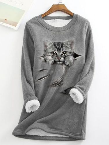 Grey Fun Cat Fleece Warm Sweatshirt - Just Fashion Now - Modalova