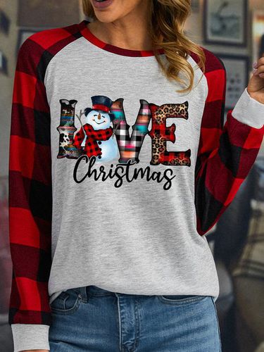 Women's Western Christmas Snowman Love Funny Buffalo Plaid Graphic Print Merry Christmas Loose Crew Neck Top - Just Fashion Now - Modalova