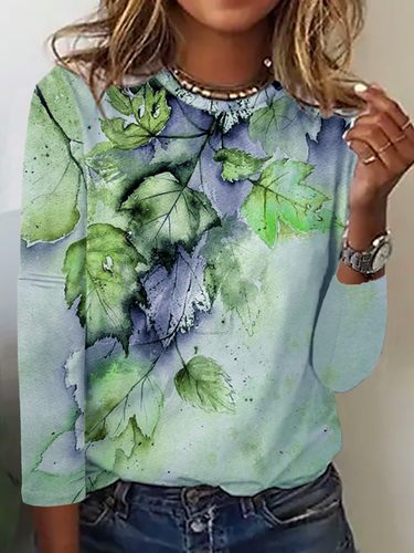 Leaf Printed Long Sleeve Casual T-Shirt - Modetalente - Modalova