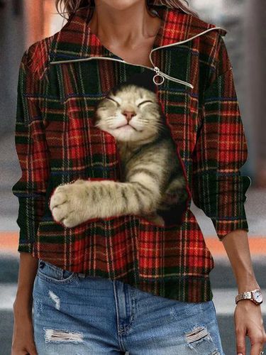 Asymmetrical Plaid Cat Loose Sweatshirt - Just Fashion Now - Modalova