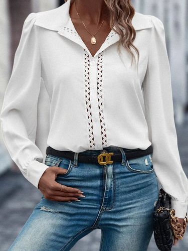 Shirt Collar Plain Patchwork Lace Casual Blouse - Modetalente - Modalova