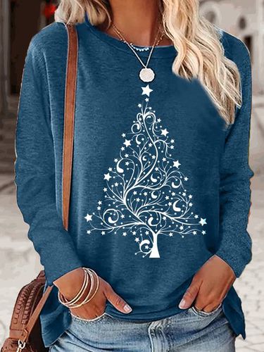 Women's Star Christmas Tree Letters Casual Crew Neck Top - Just Fashion Now - Modalova