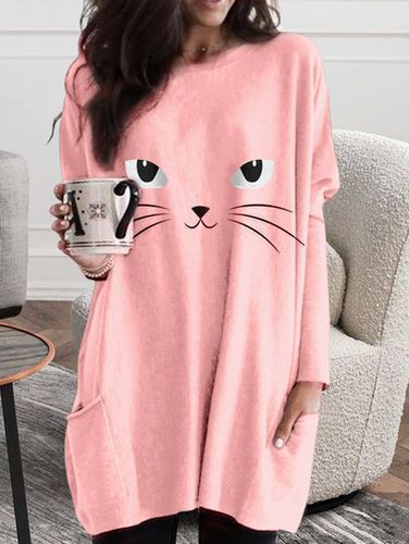 Loose Crew Neck Cat Halloween T-Shirt - Just Fashion Now - Modalova