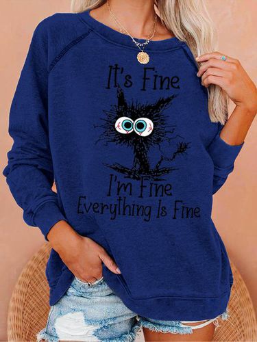Womens Funny I Am Fine Black Cat Letter Crew Neck Sweatshirt - Just Fashion Now - Modalova
