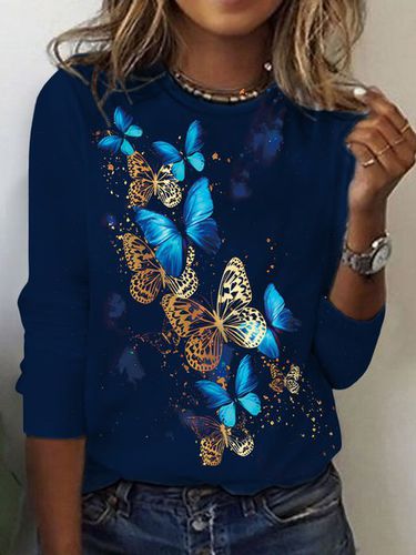 Casual Butterfly Print Crew Neck T-Shirt - Just Fashion Now - Modalova