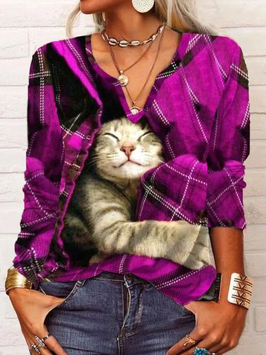 Casual Christmas Plaid Cat Long sleeve V Neck T-Shirt - Modetalente - Modalova